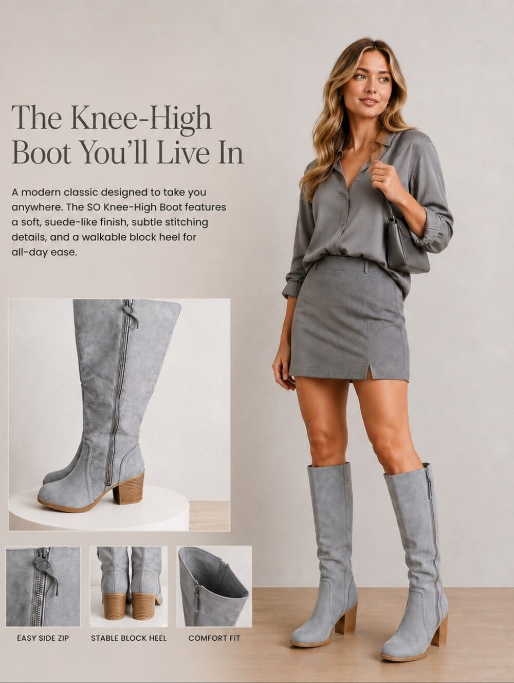 SO Women’s Gray Knee High Heeled Boots Size 8 Faux Suede Tall Boots - Never Worn - Picture 6 of 8
